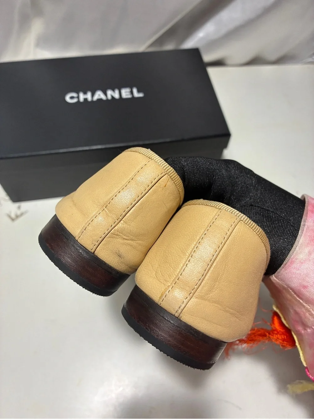 CHANEL Beige Leather Ballet Flats with Black Cap Toe
